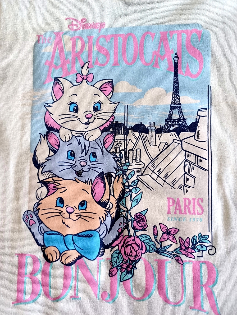 Disney Paris Bonjour Aristocats Kid's Graphic Tee - Cream Pink Blue, Size M - Picture 5 of 10